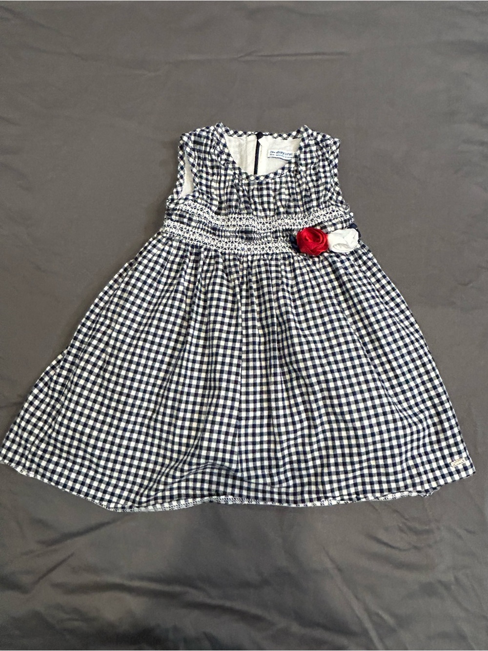 Mayoral Navy and White Gingham Dress with Red & White Flower
